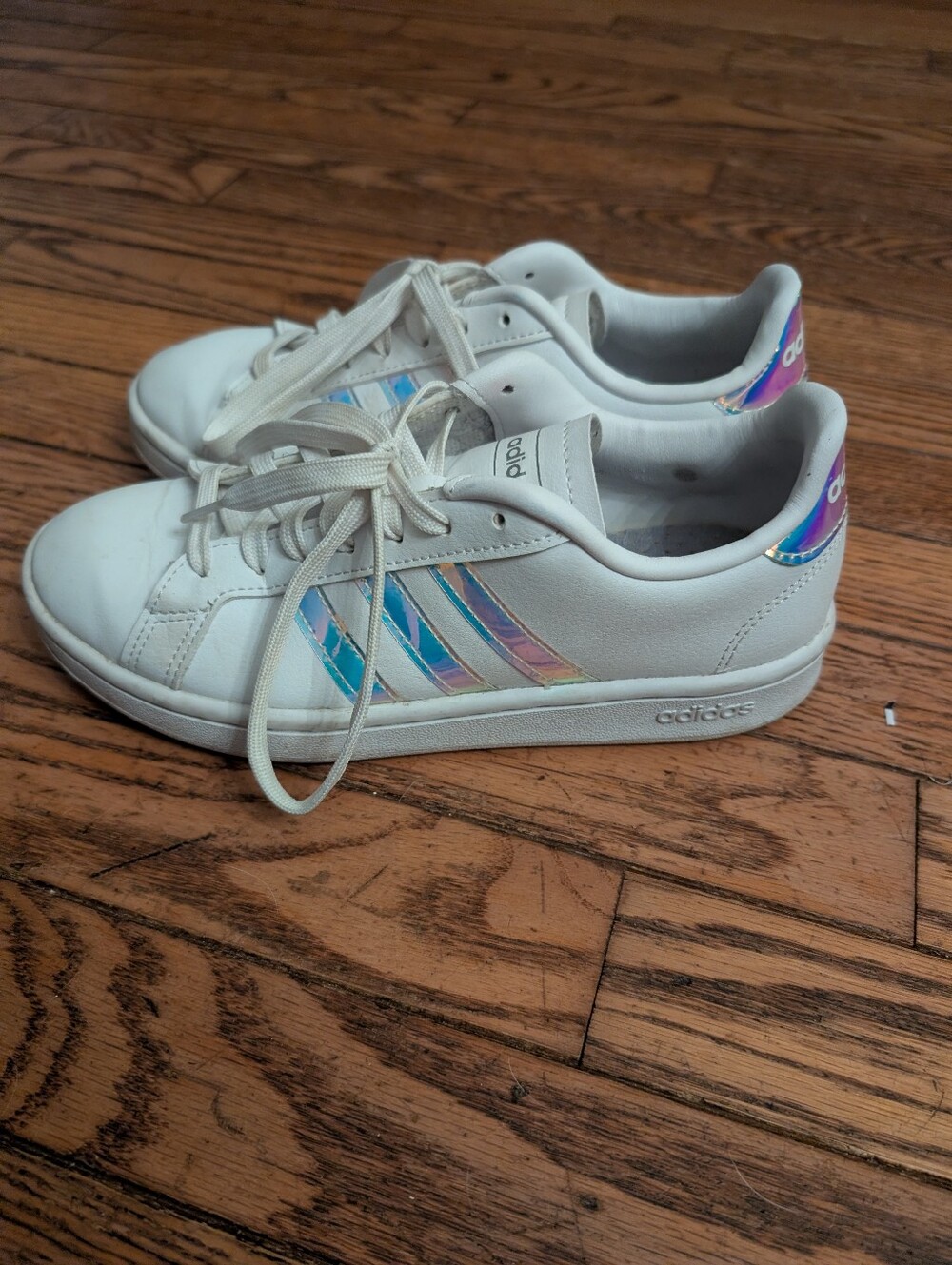 adidas White Sneakers with Holographic Pink-Blue Stripes
